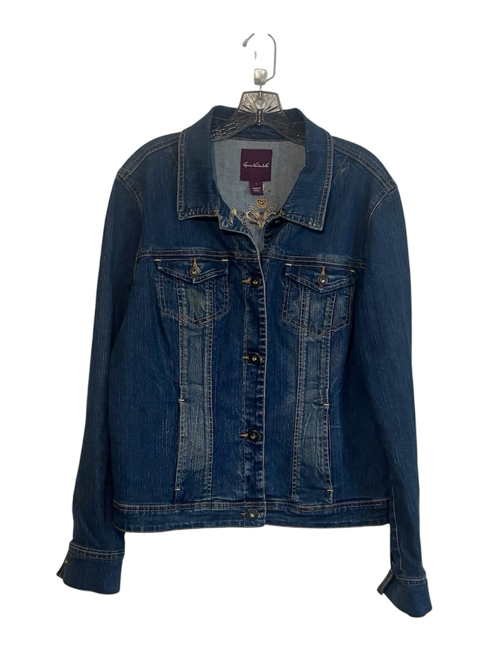 Gloria Vanderbilt Embroidered Back Denim Trucker Jacket LARGE